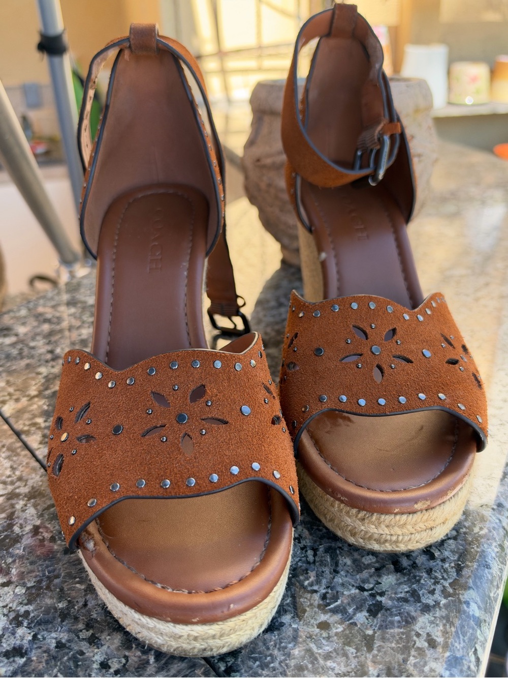 Coach Tan Suede Espadrille Wedge Sandals with Cutout Detail